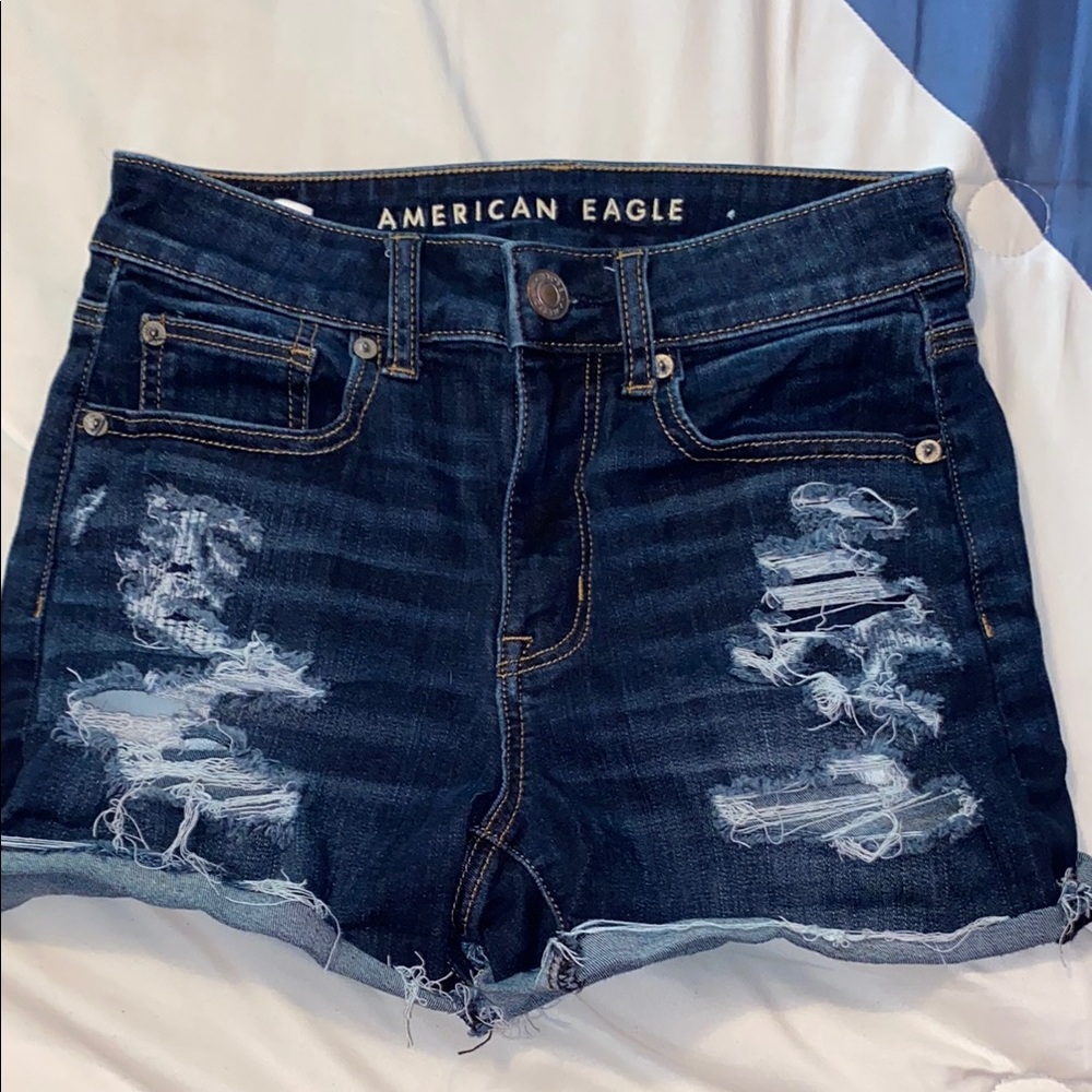 American Eagle Outfitters Women's Ripped Jean Shorts - Dark Blue